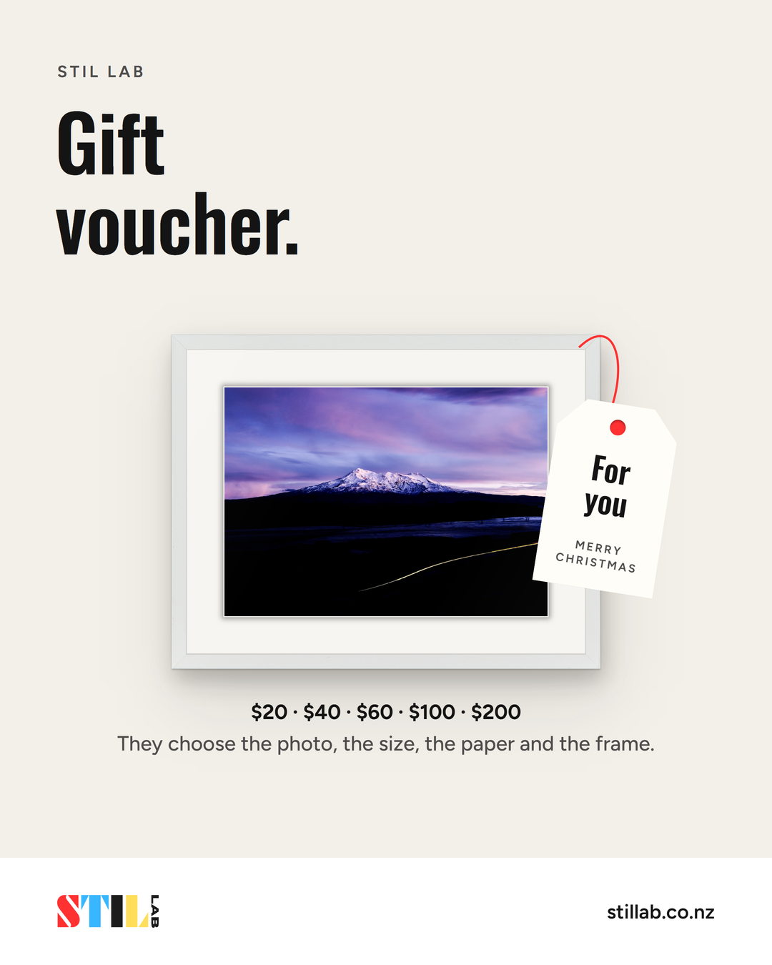 STIL LAB gift voucher: $20, $40, $60, $100 or $200. A framed photograph of Ruapehu with a gift tag reading For you.
